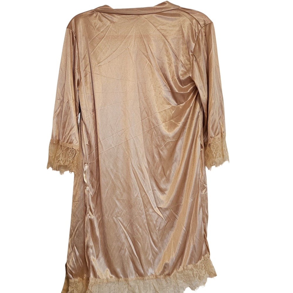 Vintage Satin Lace Robe Kimono Duster Gold Beige Glam Lingerie - Picture 3 of 5